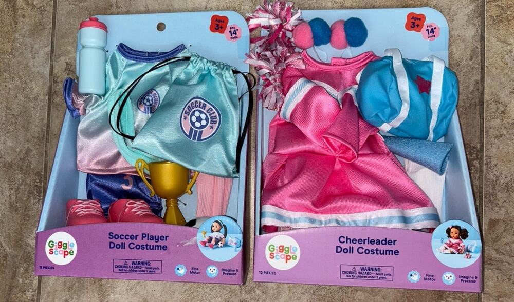 Giggle Scape 14” Doll Clothes Costume Set Of 2 - Soccer Player Cheerleader NIB